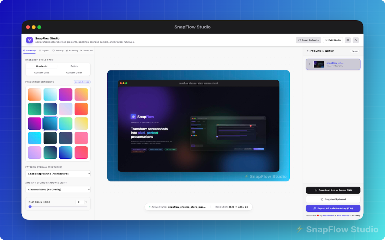 Backdrop customizer with curated backgrounds, padding and noise overlay