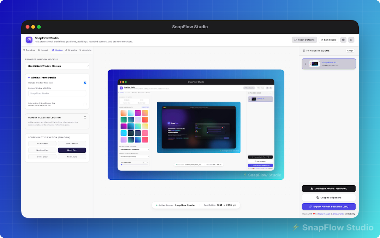 SnapFlow Studio capture and mockup workspace