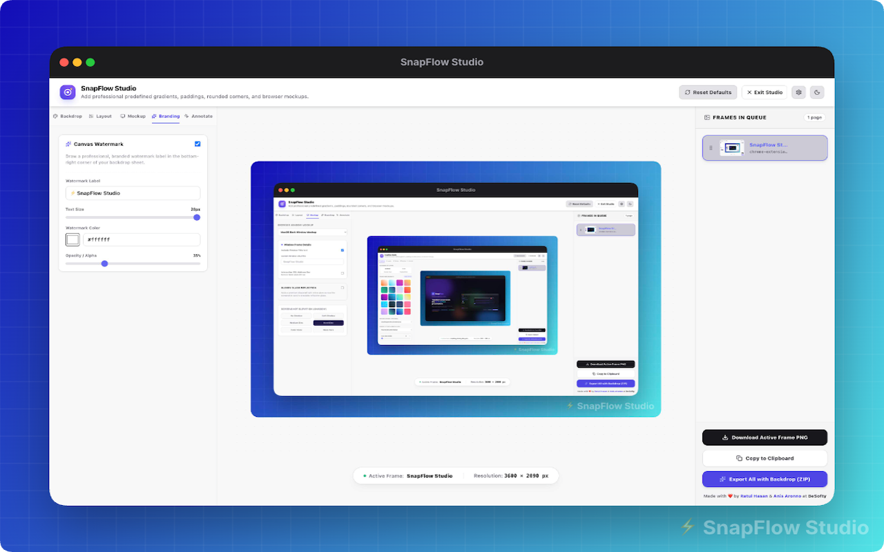 Branding and export screen