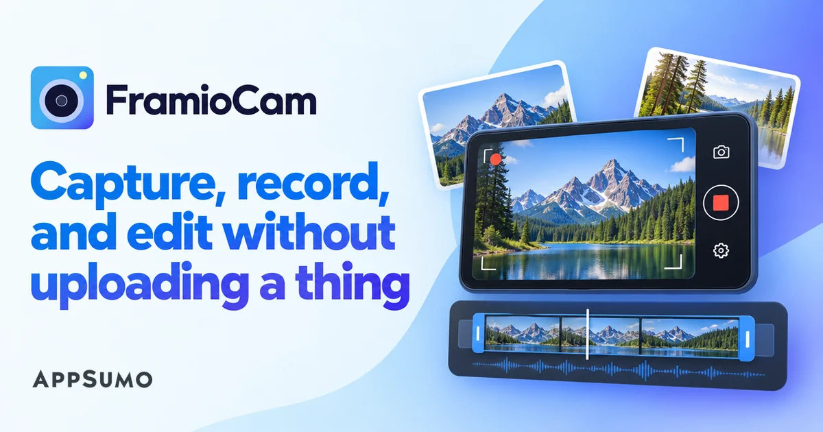 AppSumo's banner for the FramioCam lifetime deal: capture screenshots, record your screen, and edit videos locally in your browser.