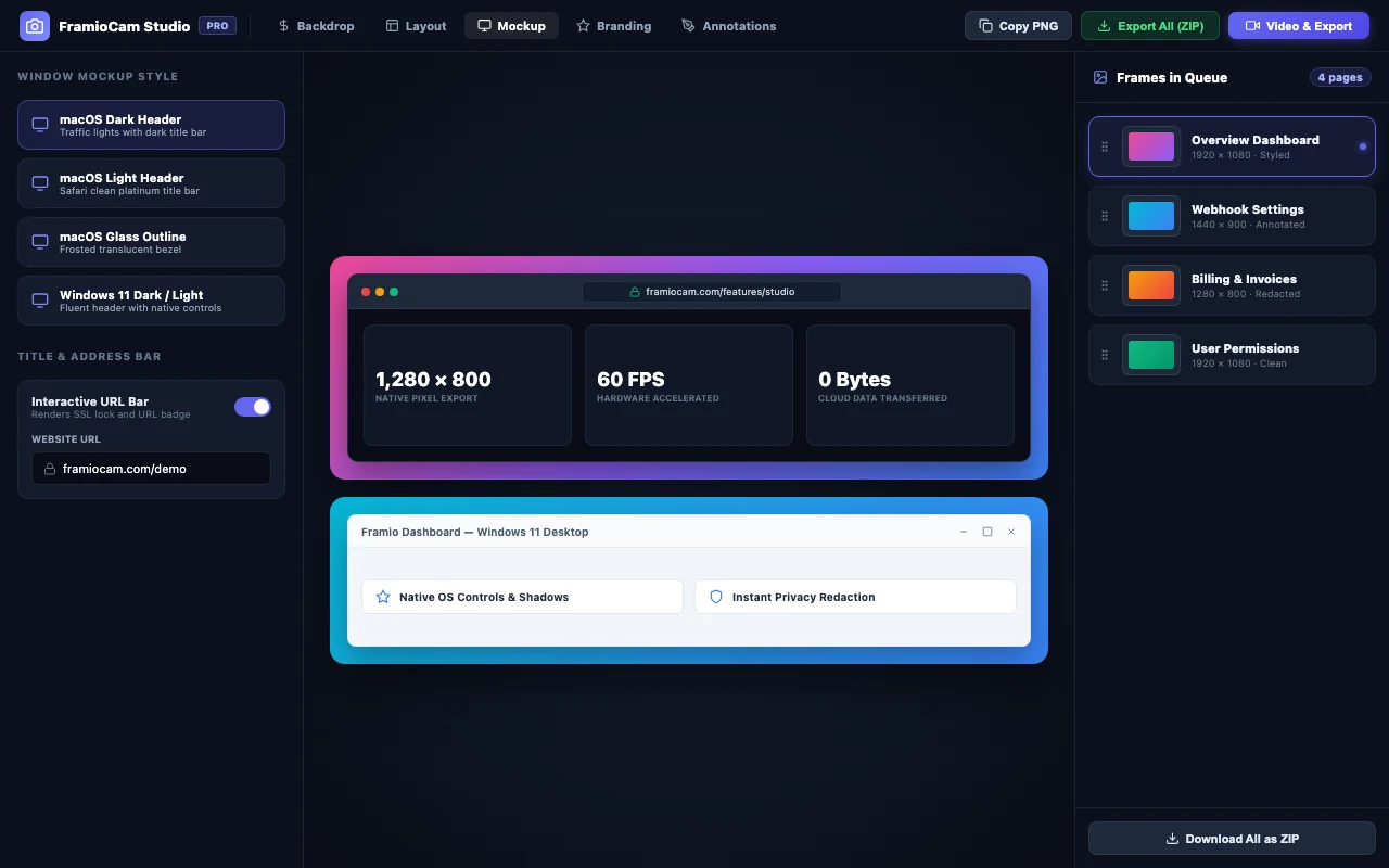 FramioCam screenshot editor showing four product screenshots in a shared frame queue with mockup controls
