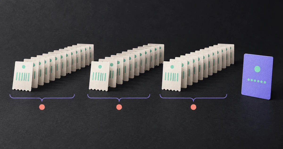 Thirty-six small recurring bill cards arranged in three yearly groups beside one purple licence card
