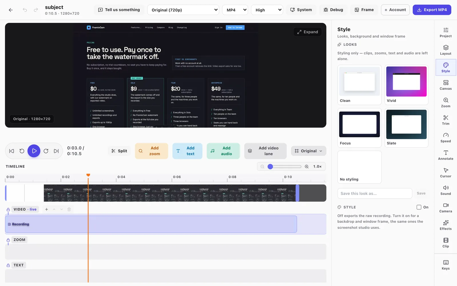 FramioCam's video editor with a screen recording open on a timeline, running entirely in the browser