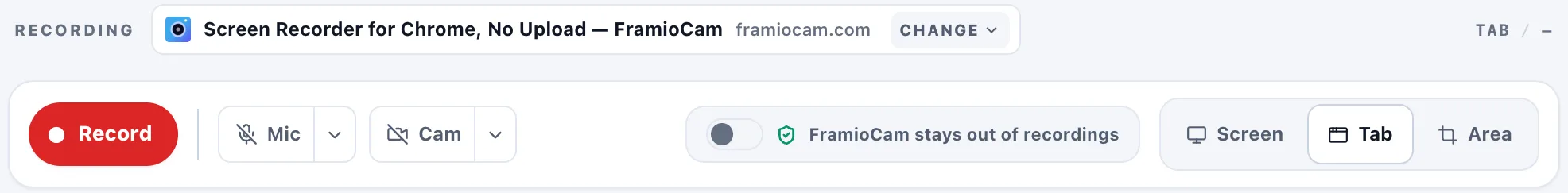 FramioCam recorder controls: Record button, microphone and camera pickers, the tab being recorded, and Screen, Tab and Area options