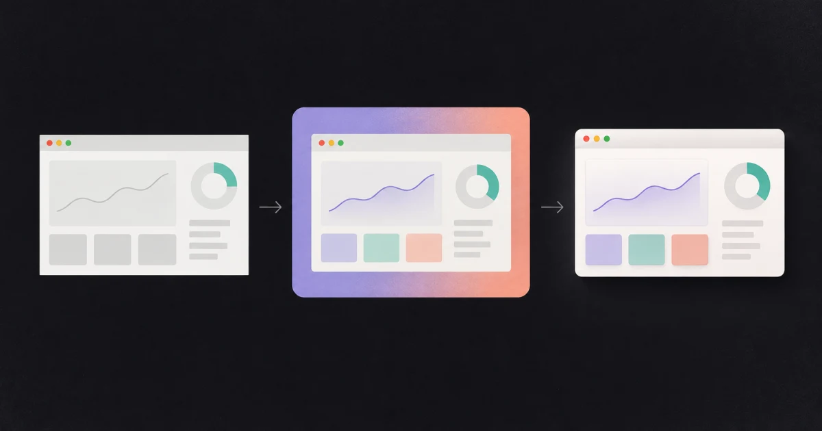 Three stages of a browser screenshot moving from a raw capture to a padded backdrop and a finished window mockup