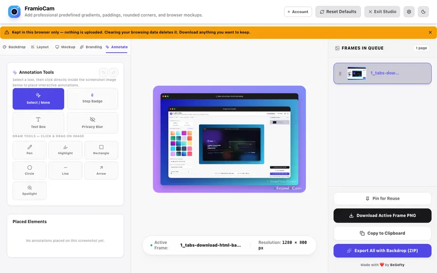 A captured screenshot open in the real FramioCam screenshot editor.