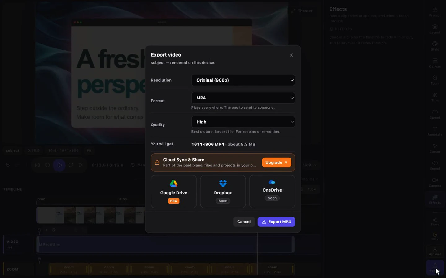 FramioCam's Chrome video export dialog showing resolution, format and quality controls, with Google Drive sharing shown as a paid option