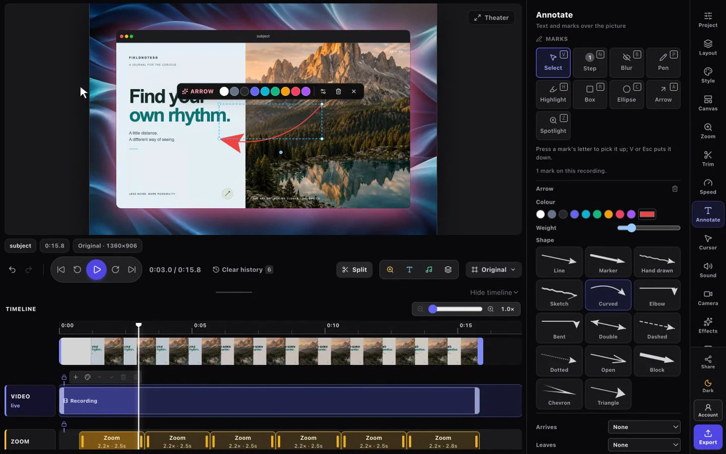 FramioCam's Chrome video editor showing an arrow over sample content, with the annotation panel and timeline visible