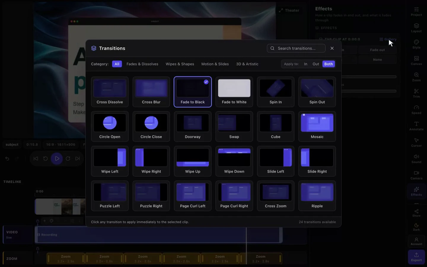 FramioCam's Chrome video editor showing sample footage, a video lane and timed zooms below an open transitions gallery
