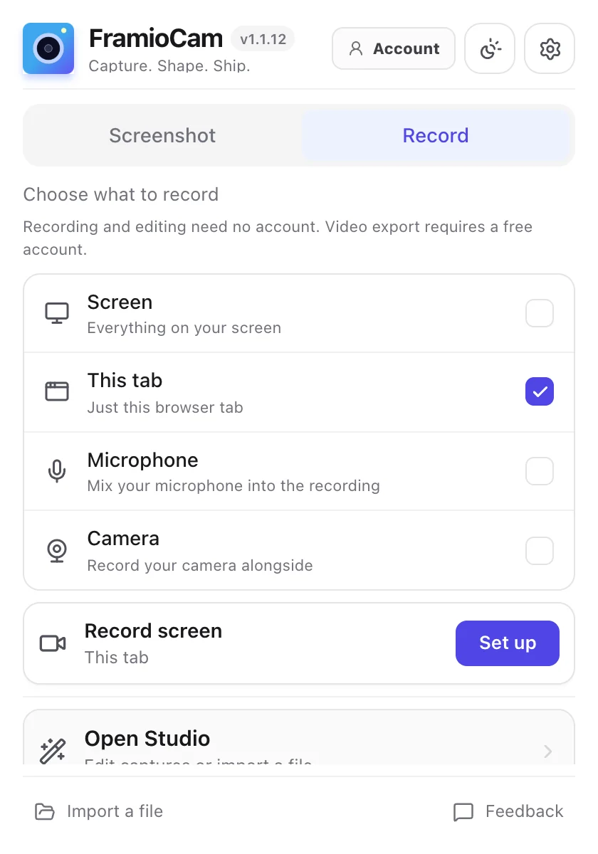 The FramioCam popup on the Record tab: Screen, This tab, Microphone and Camera options above a Record screen row with a Set up button.