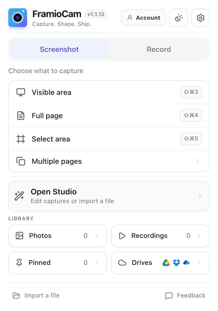 The FramioCam popup on the Screenshot tab: Visible area, Full page, Select area and Multiple pages, with Open Studio and the Library below.