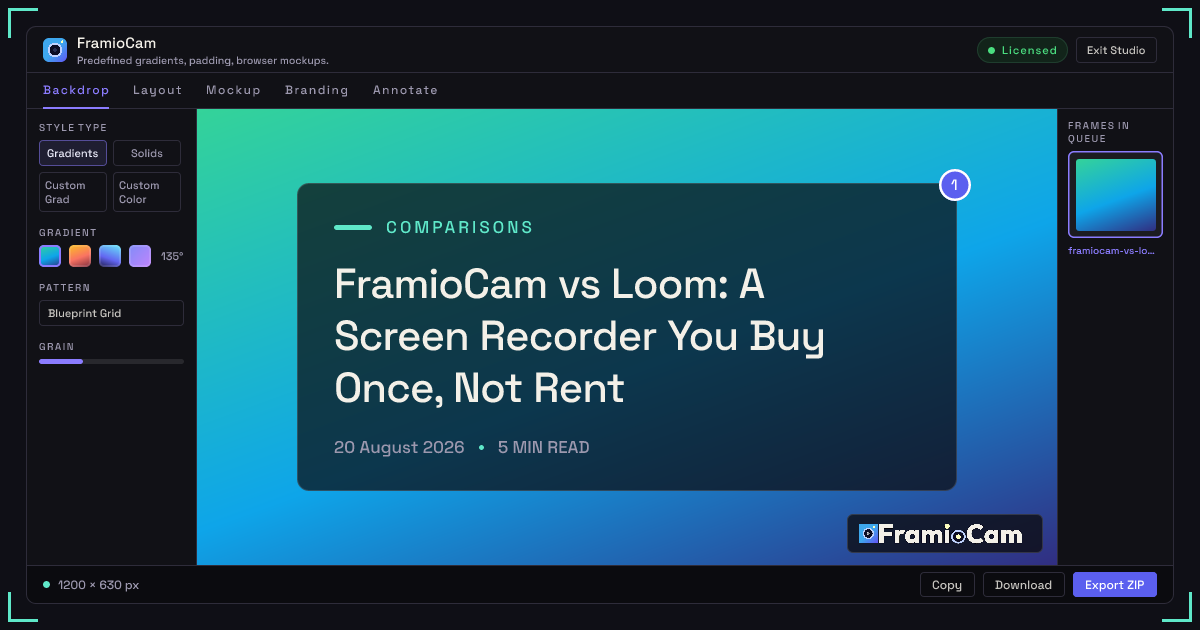 FramioCam vs Loom: A Screen Recorder You Buy Once, Not Rent